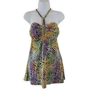 I.F. Women's Multi Polkadot Halter Beaded One Piece Swimsuit Dress Sz 14 Beachy